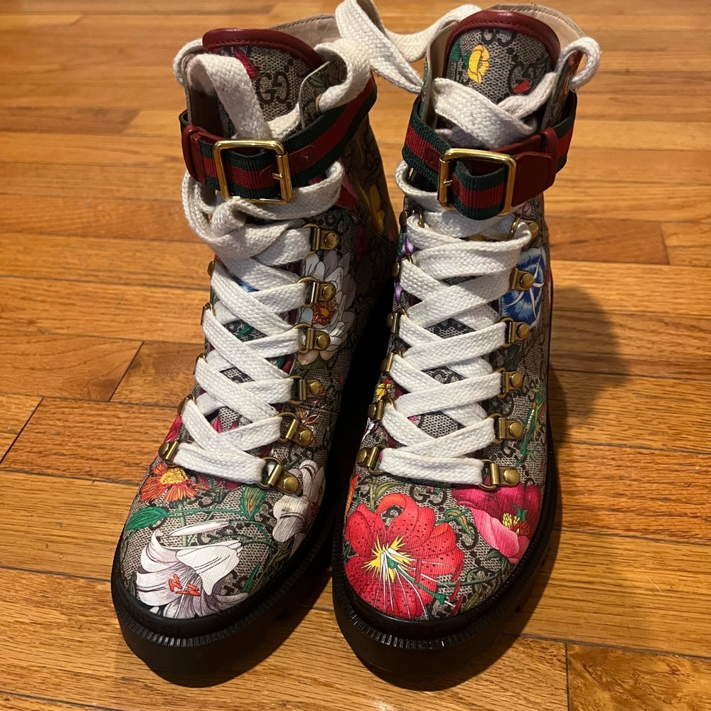 Gucci Floral Combat Boots with Red and Green Accents
